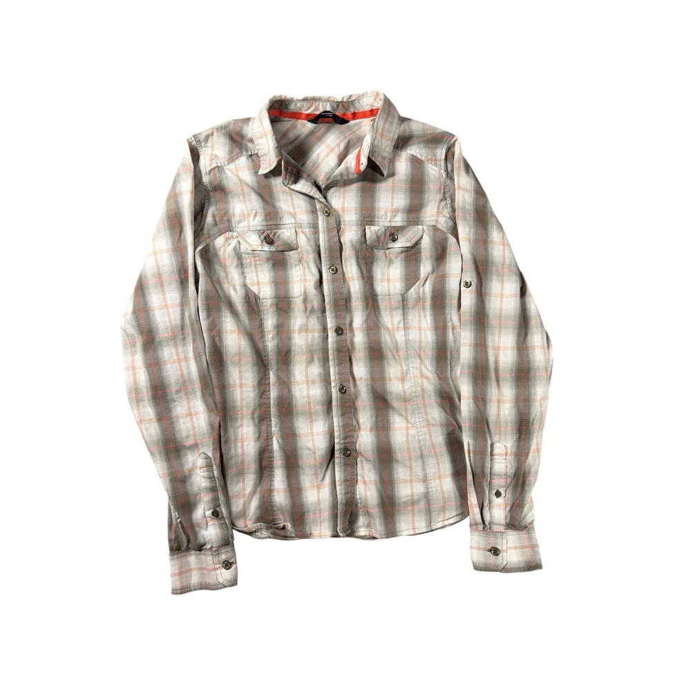 Arcteryx Womens Grey Orange Plaid Long Sleeve Hiking Button Down Shirt Large